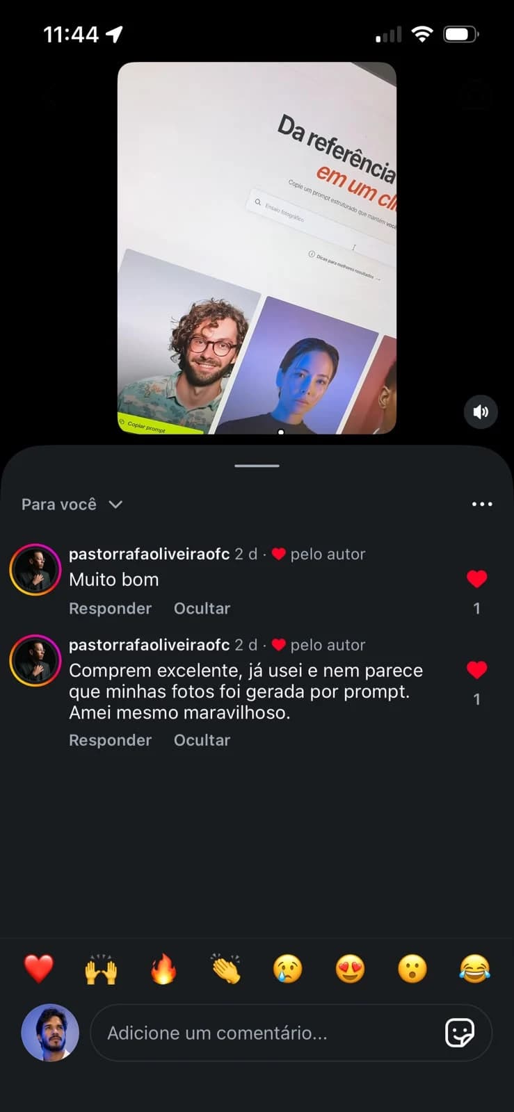 Depoimento de cliente elogiando as fotos geradas a partir dos prompts